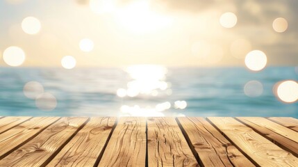 Sunrise or sunset view over the ocean, looking from a wooden pier deck with sparkling water bokeh...