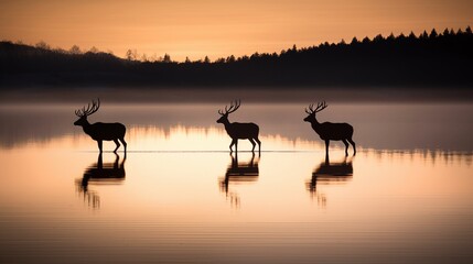 Fototapeta na wymiar Silhouette of two reindeers by a lake, the early sunrise casting gentle hues in a minimal wildlife landscape