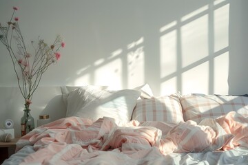 Light, cute and cozy home bedroom interior with unmade bed, pink plaid and cushions on empty white wall background.