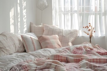 Light, cute and cozy home bedroom interior with unmade bed, pink plaid and cushions on empty white wall background.