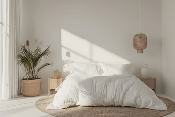 Minimal bedroom interior with Home decoration mock up. Cozy coastal stylish, furniture, comfortable bed, Modern design background