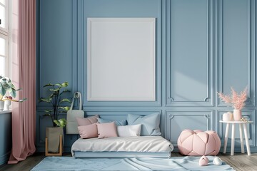 interior of a blue children's bedroom with blank area for a mockup. pastel colors tone