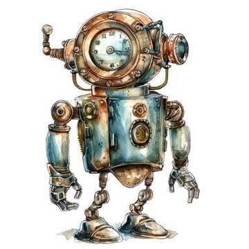 Watercolor clipart of a robot with a vintage clockwork design detailed and charming