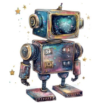 Sleek watercolor clipart of a space robot with a shiny metallic surface and starry details