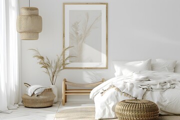 scandinavian Boho bedroom interior with white walls and natural wood furniture, mock-up frame background.