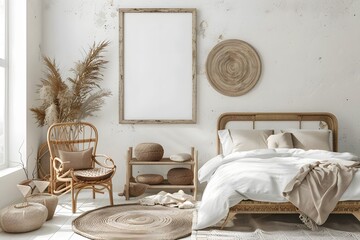 scandinavian Boho bedroom interior with white walls and natural wood furniture, mock-up frame background.