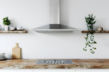 Silver cooker hood in minimal white kitchen interior with plant on wooden countertop. Pastel color tone.
