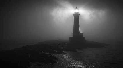 A lighthouse guiding ships through the darkness, symbolizing guidance and safety. - obrazy, fototapety, plakaty