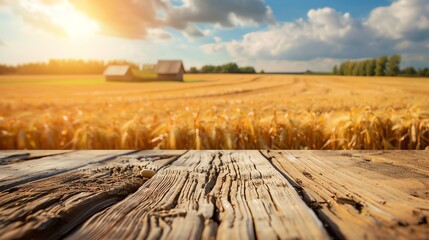 wooden table in front of wheat field
