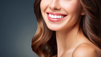 Obraz premium Close-up of bright young woman white teeth, beautiful pretty shining smile, teeth whiteness and perfect healthy female teeth