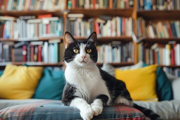 cat sitting on table in modern home interior with colorful book shelf in background - Powered by Adobe
