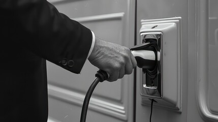 businessman using an electric car charger, light gray and white