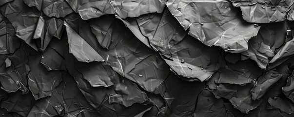 A black and white photo of crumpled and ripped paper, revealing layers of texture and creating a chaotic and grainy background  