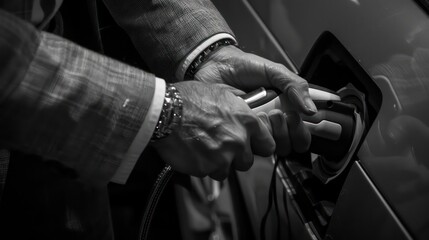 businessman using an electric car charger, light gray and white