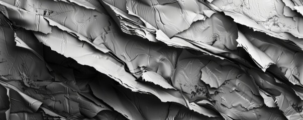 A black and white photo of crumpled and ripped paper, revealing layers of texture and creating a chaotic and grainy background  