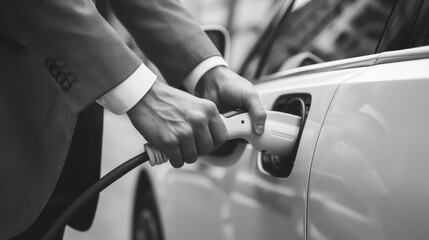 businessman using an electric car charger, light gray and white