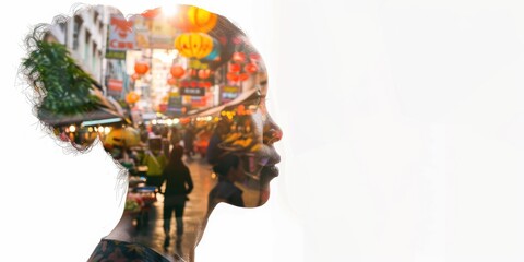 Double Exposure Portrait of Woman with Vibrant Cityscape
