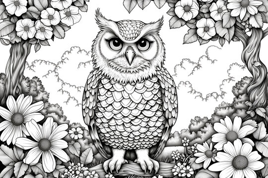 A black and white drawing of an owl sitting on a tree branch in front of a field