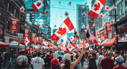 Celebratory Crowd Waving Canadian Flags on City Street