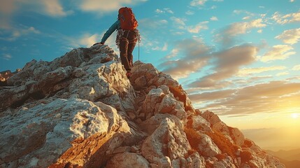 A mountain climber reaching the summit, symbolizing achievement and success. - obrazy, fototapety, plakaty