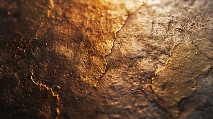 A closeup photorealistic image of a bronze plaque with a rough, textured surface, catching the light and revealing a warm golden patina  
