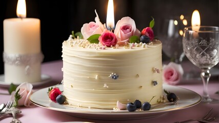 Obraz na płótnie Canvas Elegant birthday or wedding cake served during a candlelit supper. 