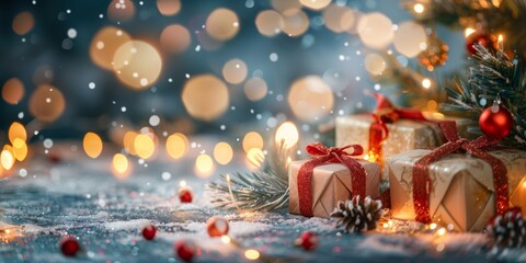 Festive Christmas scene with gifts wrapped in sparkling ribbons, baubles, and twinkling lights amidst snow.