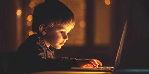 A young boy, illuminated by the soft glow of a laptop screen, focused deeply on an educational task at night.