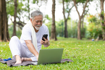 senior man working with laptop computer and chatting on smartphone in the park