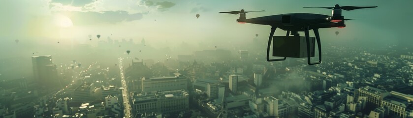 Drone flying over building represents air transport