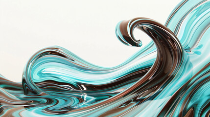 An ultra HD image capturing the mesmerizing swirl of cyan and chocolate brown waves against a pure white background, mimicking the quality of a high-definition camera photograph.