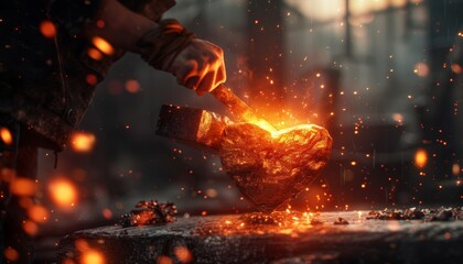 A detailed photo of a blacksmith hammering a heartshaped piece of metal on an anvil, sparks flying as flames lick the metal  
