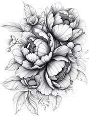 A black and white drawing of a flower bouquet with three flowers