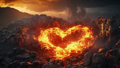 A dramatic photo of a volcanic eruption spewing molten lava in the shape of a flaming heart  