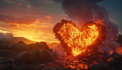 A dramatic photo of a volcanic eruption spewing molten lava in the shape of a flaming heart  