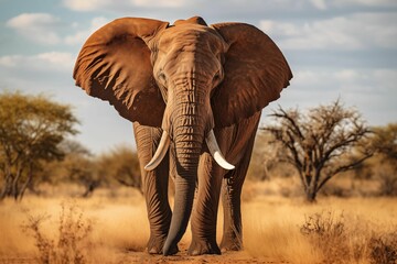 A majestic elephant, with its large ears and powerful body, Standing along the savannah path. Generative AI