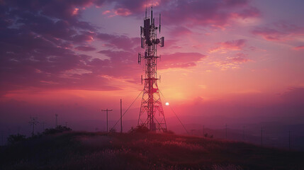 Fototapeta premium A tall tower with a large antenna on top stands in a field with a beautiful suns