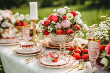 Country tablescape, formal dinner table setting, table scape with strawberry decoration for wedding party and holiday event celebration, post-processed, generative ai