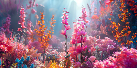 A colorful field of flowers with pink and orange blooms