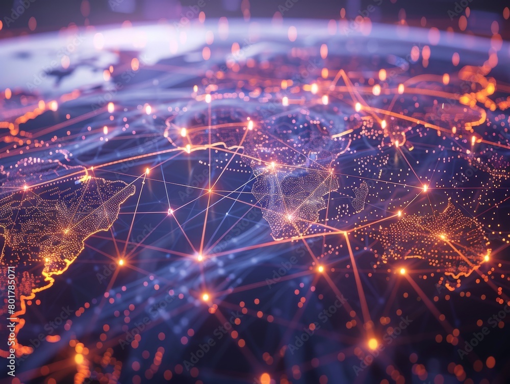 Poster a global map with connection lines radiating from major cities, all converging on a central cloud st