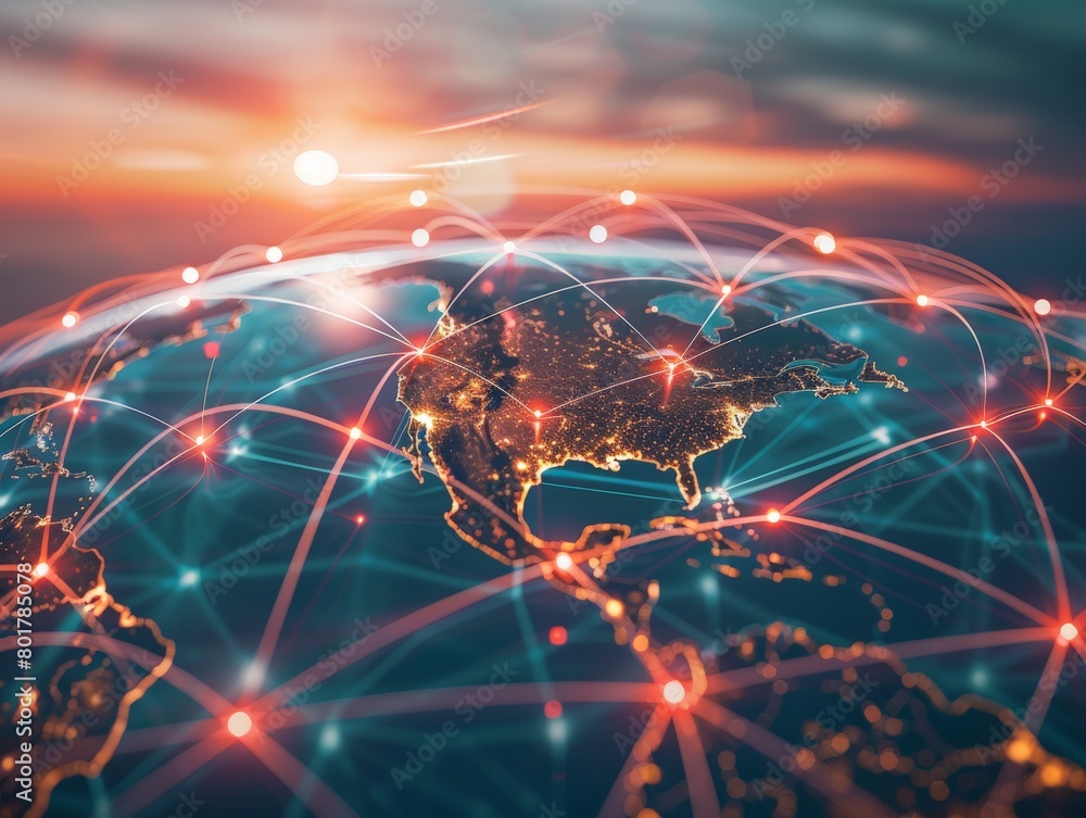 Poster a global map with connection lines radiating from major cities, all converging on a central cloud st