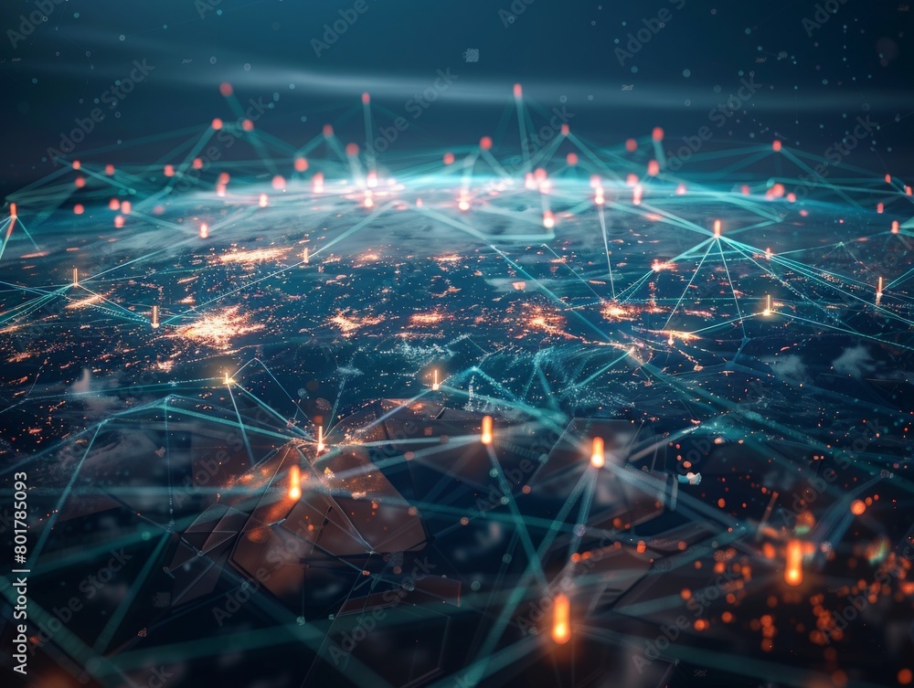 Poster a global map with connection lines radiating from major cities, all converging on a central cloud st