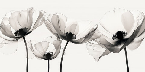 A black and white photo of four flowers with a white background
