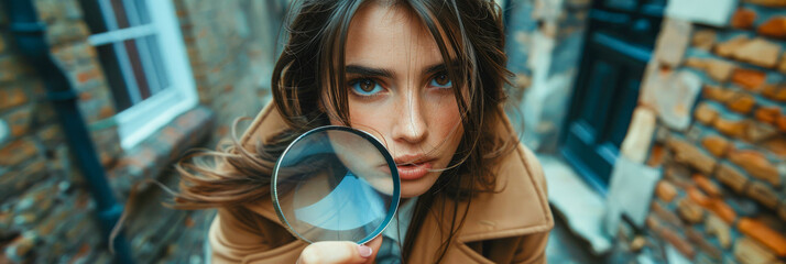Young Woman Investigating with Magnifying Glass in Urban Setting