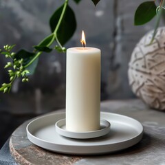candle burning sitting on a ceramic modern tray