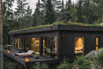 A sleek Norwegian forest retreat with dark wood cladding and a green roof, seamlessly blending into the surrounding pine trees.