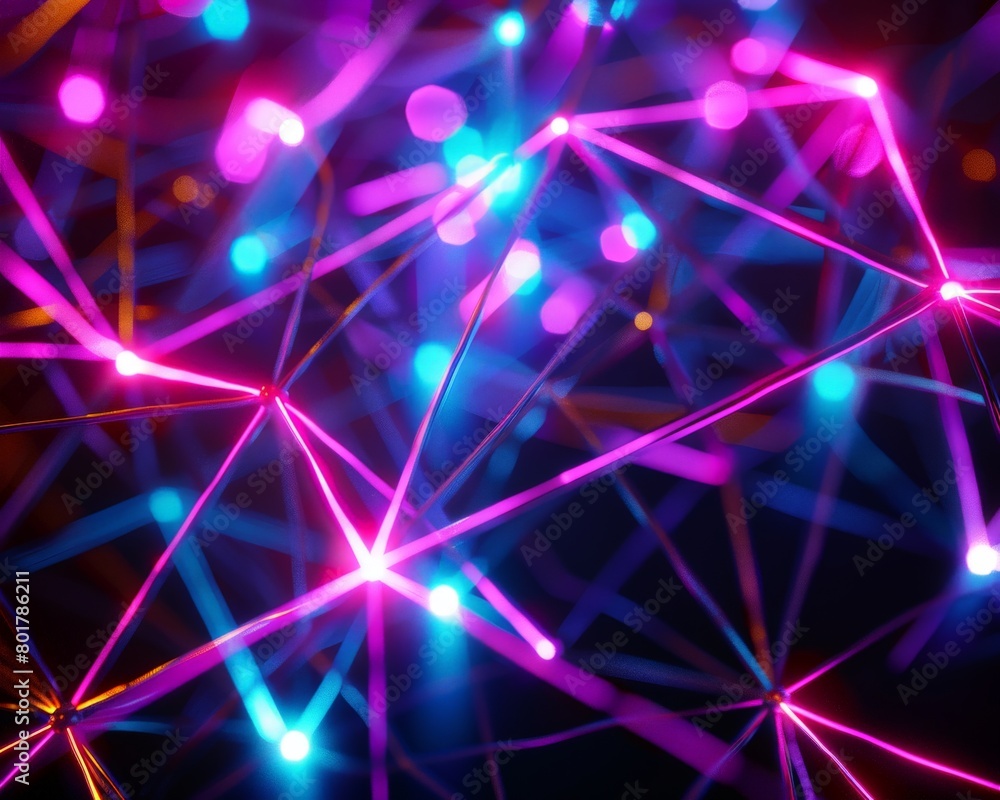 Poster a network of glowing neon threads woven into a geometric pattern, pulsating with a sense of vibrant 