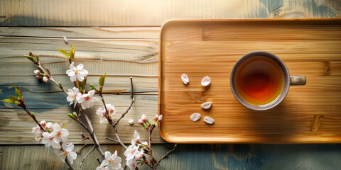 A wooden tray with a cup of tea and a few blossoms on it - Powered by Adobe