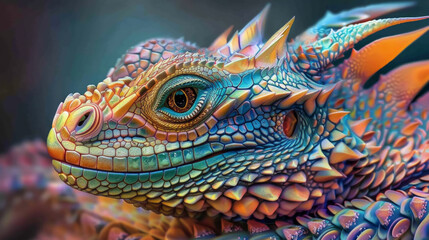 Fantastically colorful and detailed dragon portrait with a mythical vibe
