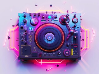 Fototapeta premium vibrant DJ turntable surrounded by neon lights and geometric patterns